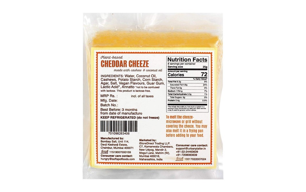 Urban Platter Plant Based Cheddar Cheeze    Pack  200 grams